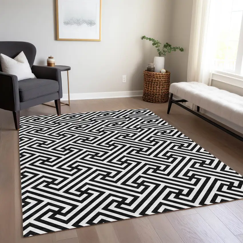 Black And Ivory Geometric Washable Indoor Outdoor Area Rug Photo 9