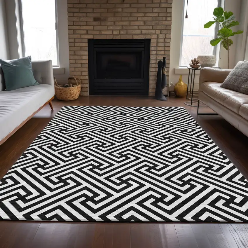 Black And Ivory Geometric Washable Indoor Outdoor Area Rug Photo 8