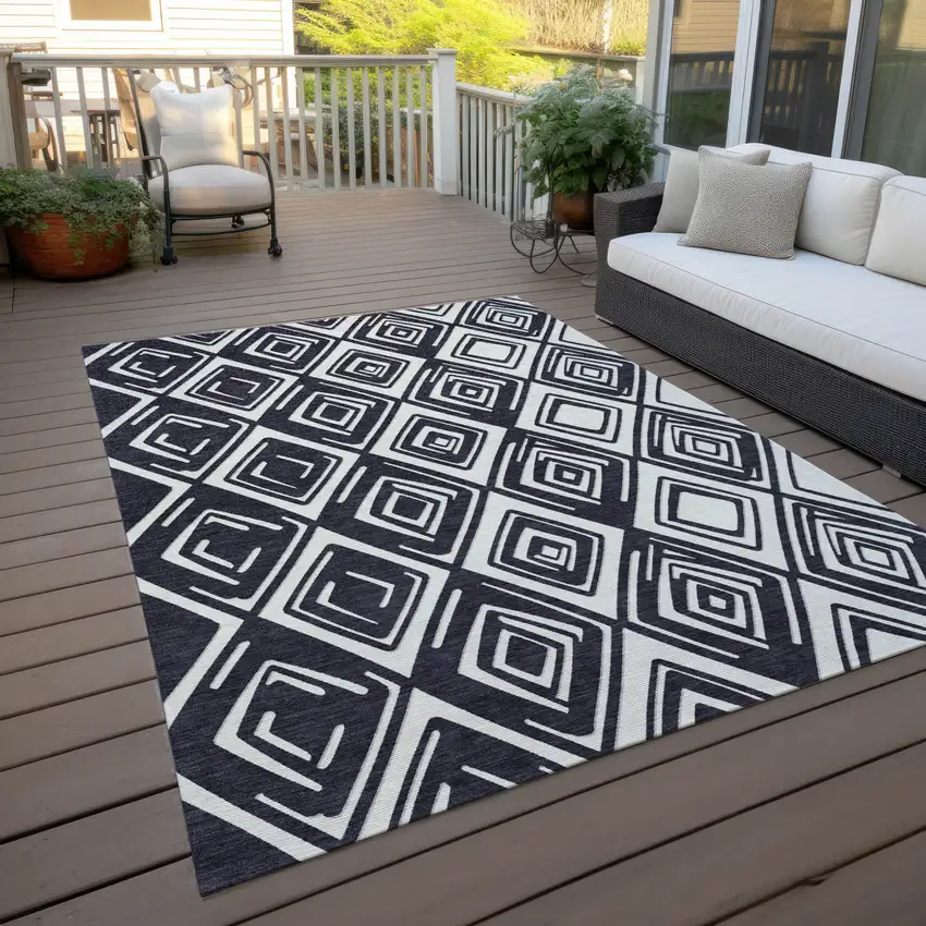 Black And Ivory Geometric Washable Indoor Outdoor Area Rug Photo 9
