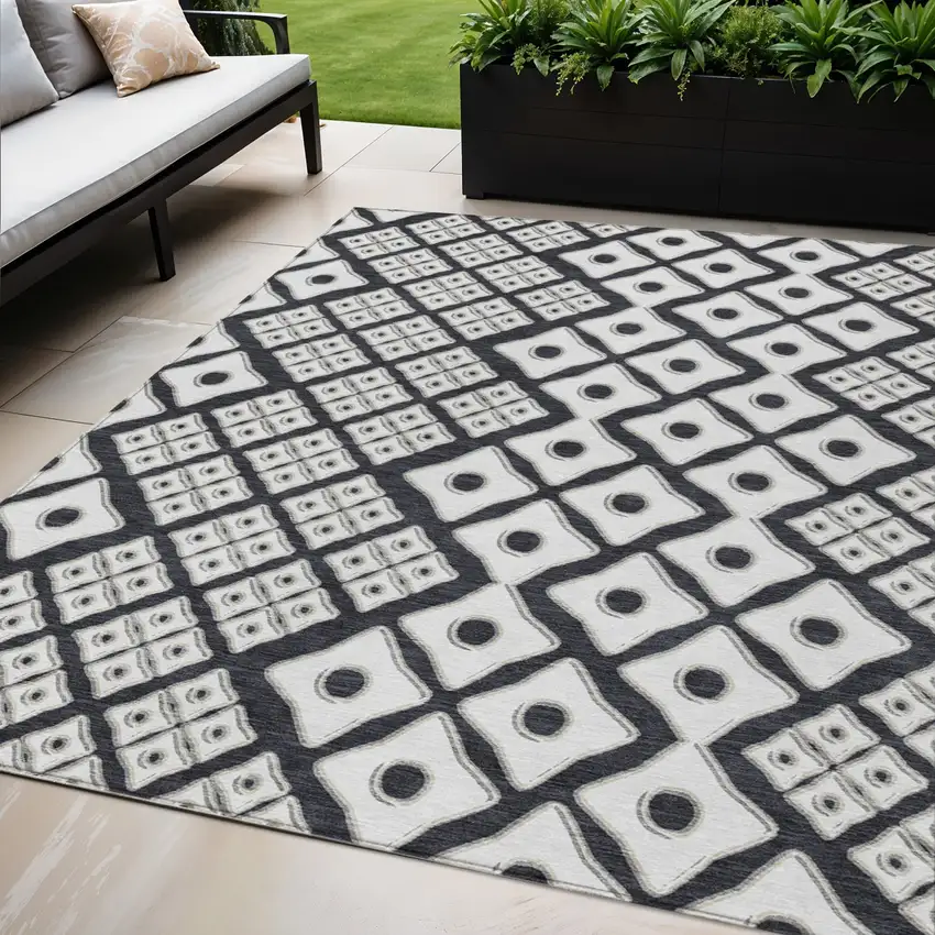 Black And Ivory Geometric Washable Indoor Outdoor Area Rug Photo 1