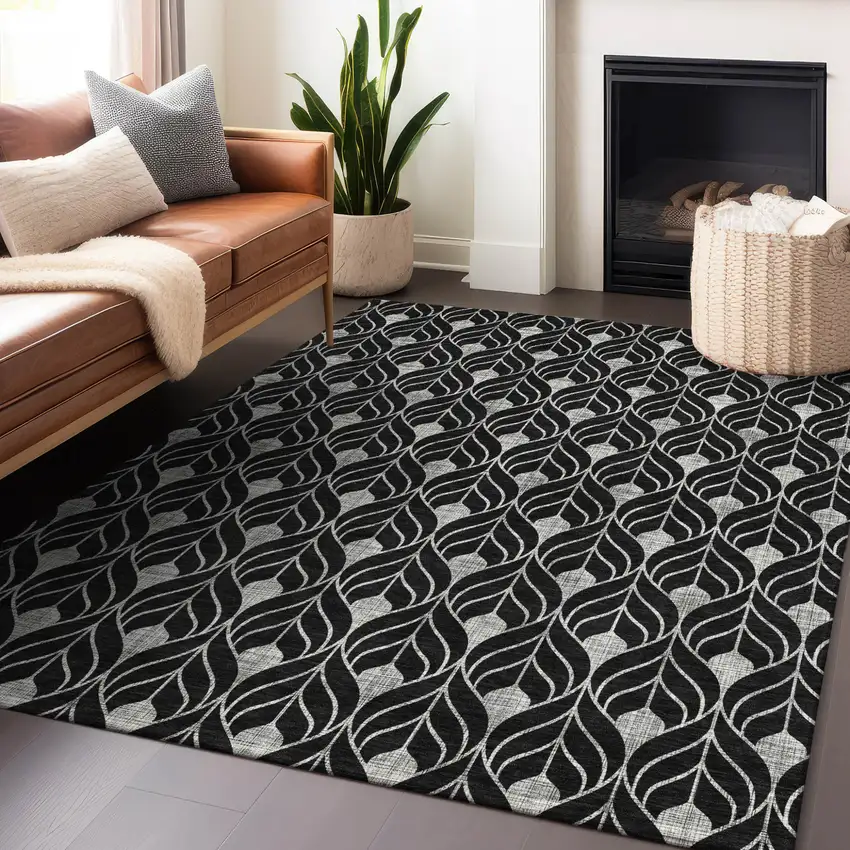 Black And Ivory Geometric Washable Indoor Outdoor Area Rug Photo 9