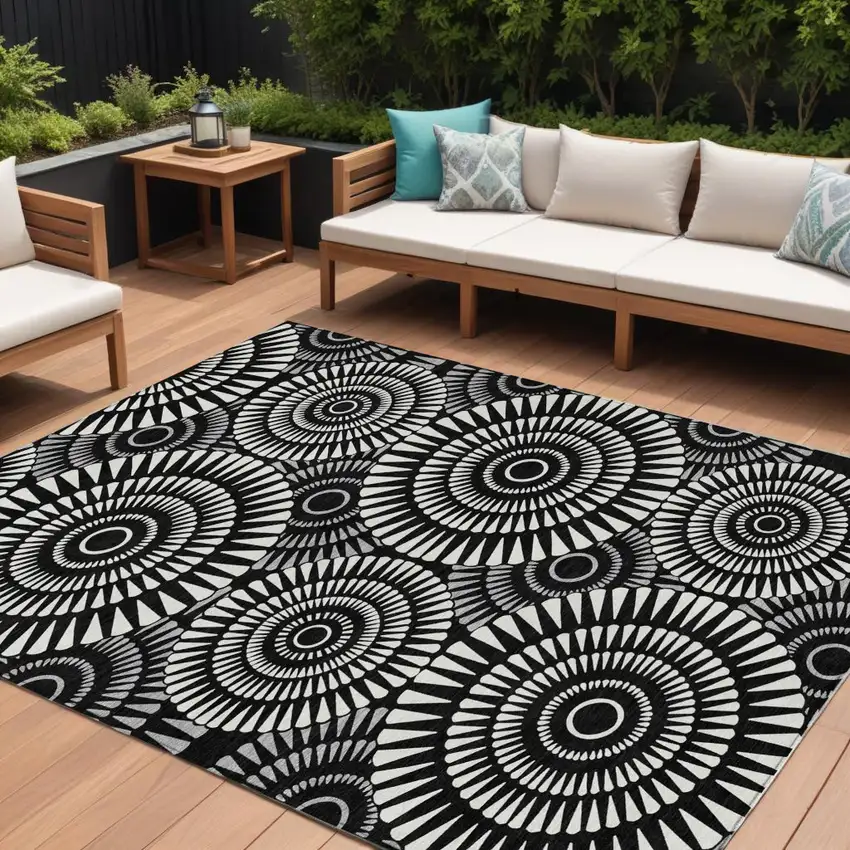 Black And Ivory Geometric Washable Indoor Outdoor Area Rug Photo 1