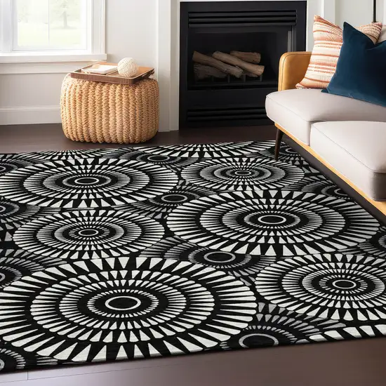 Black And Ivory Geometric Washable Indoor Outdoor Area Rug Photo 9
