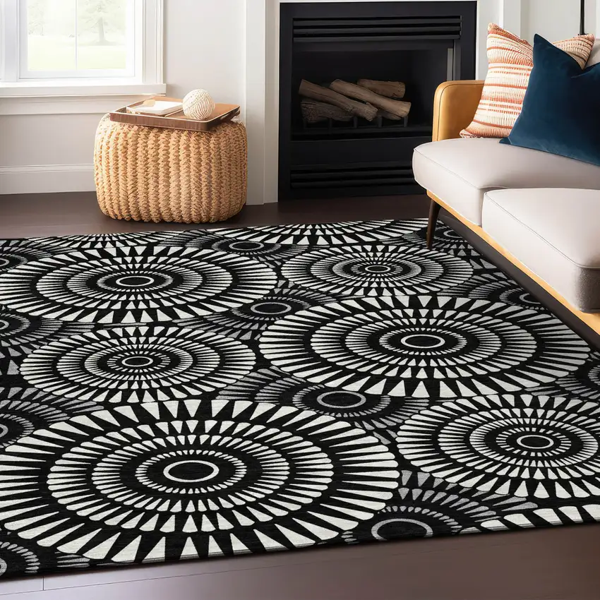 Black And Ivory Geometric Washable Indoor Outdoor Area Rug Photo 9