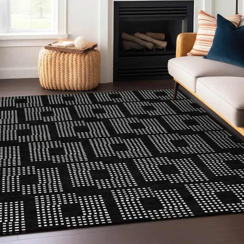 Black And Ivory Geometric Washable Indoor Outdoor Area Rug Photo 8