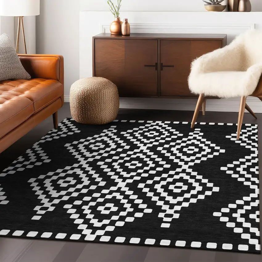 Black And Ivory Geometric Washable Indoor Outdoor Area Rug Photo 9