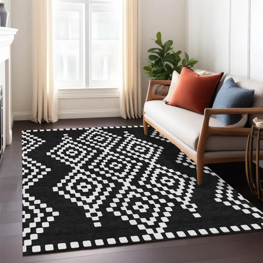 Black And Ivory Geometric Washable Indoor Outdoor Area Rug Photo 9