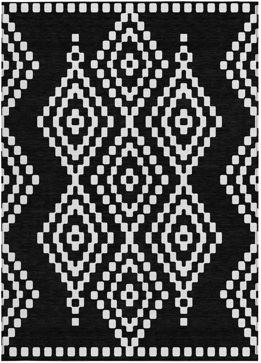 Black And Ivory Geometric Washable Indoor Outdoor Area Rug Photo 7