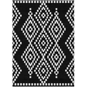 Photo of Black And Ivory Geometric Washable Indoor Outdoor Area Rug