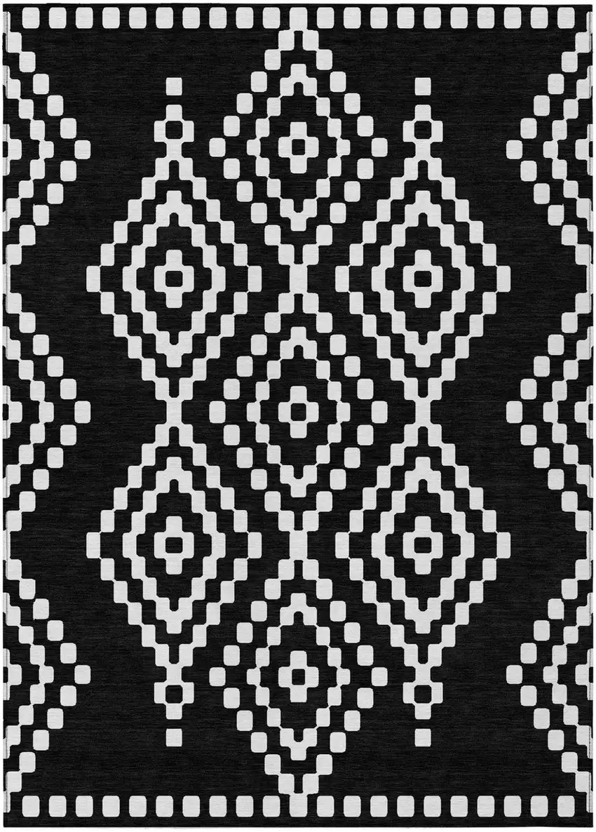 Black And Ivory Geometric Washable Indoor Outdoor Area Rug Photo 2