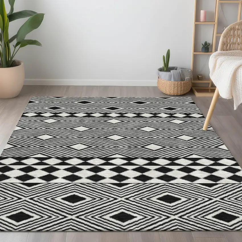 Black And Ivory Geometric Washable Indoor Outdoor Area Rug Photo 9
