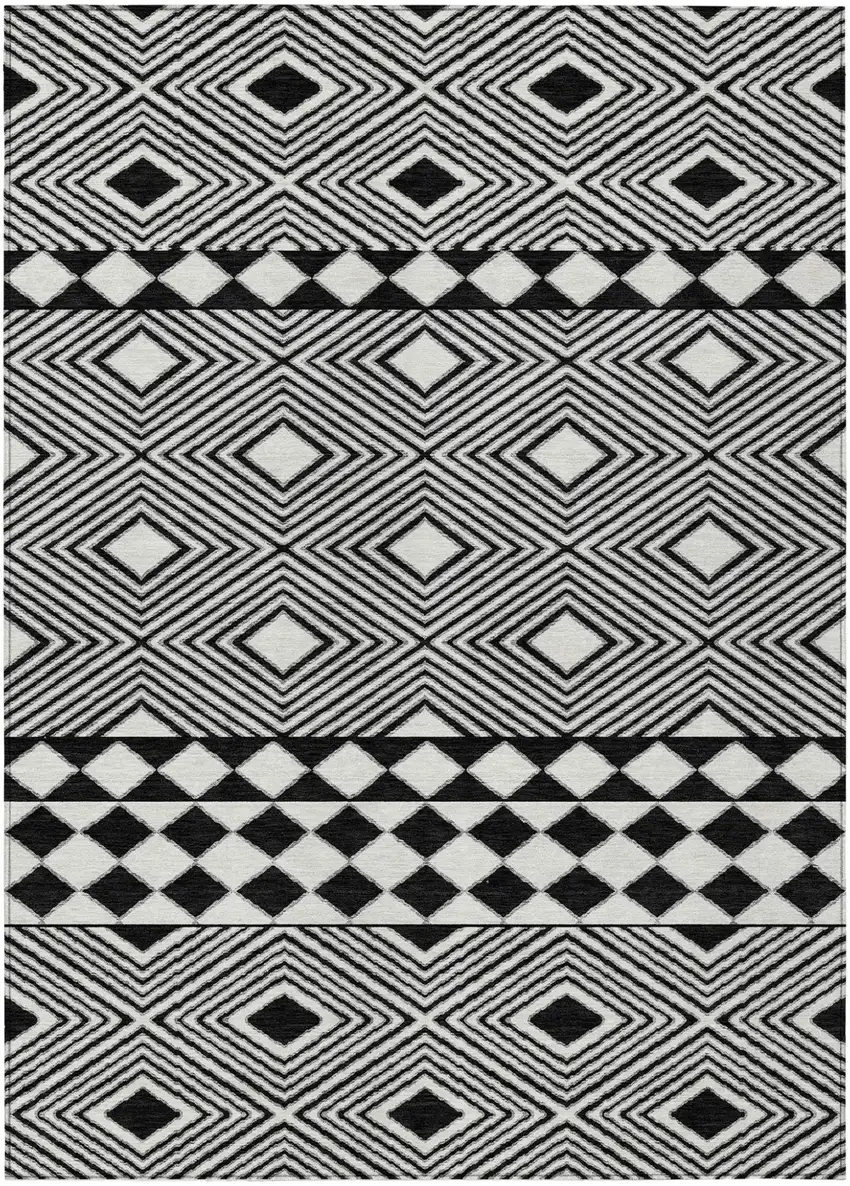 Black And Ivory Geometric Washable Indoor Outdoor Area Rug Photo 2
