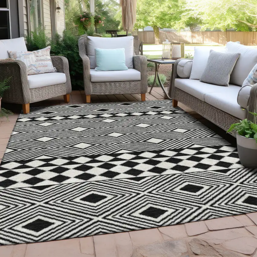 Black And Ivory Geometric Washable Indoor Outdoor Area Rug Photo 8