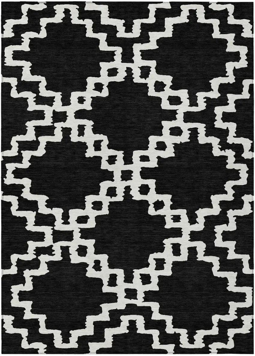 Black And Ivory Geometric Washable Indoor Outdoor Area Rug Photo 2
