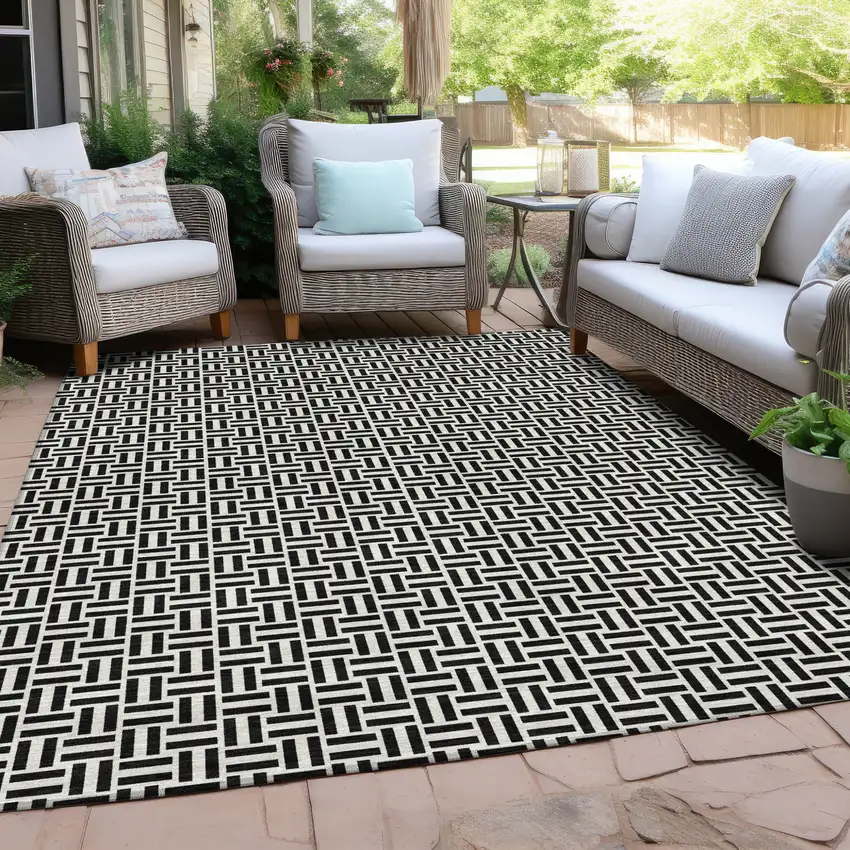 Black And Ivory Geometric Washable Indoor Outdoor Area Rug Photo 9