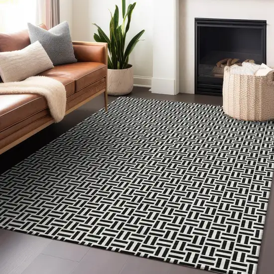 Black And Ivory Geometric Washable Indoor Outdoor Area Rug Photo 9
