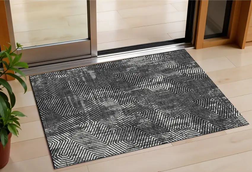 Black And Ivory Geometric Washable Indoor Outdoor Area Rug Photo 1