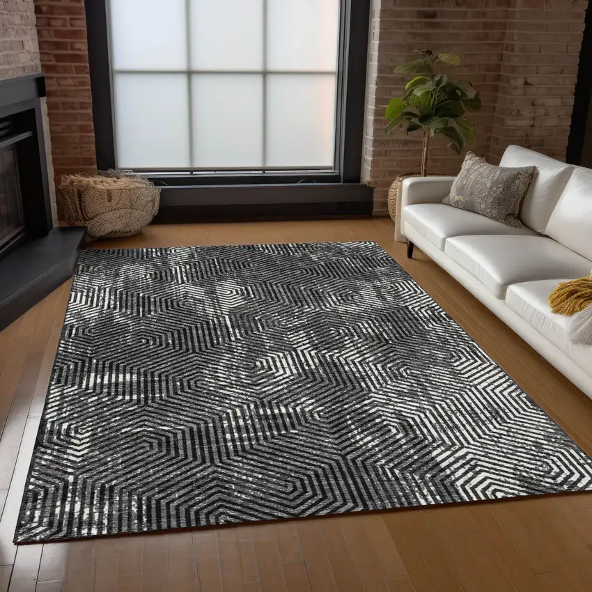 Black And Ivory Geometric Washable Indoor Outdoor Area Rug Photo 9