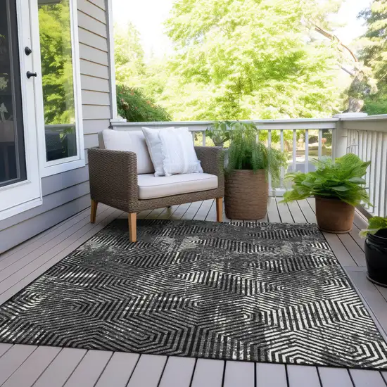 Black And Ivory Geometric Washable Indoor Outdoor Area Rug Photo 9