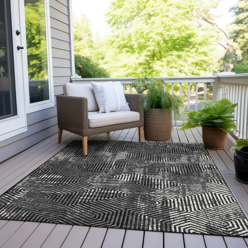 Black And Ivory Geometric Washable Indoor Outdoor Area Rug Photo 9