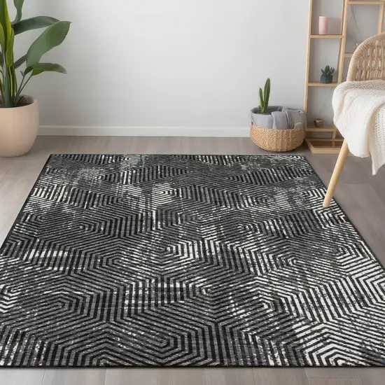 Black And Ivory Geometric Washable Indoor Outdoor Area Rug Photo 9