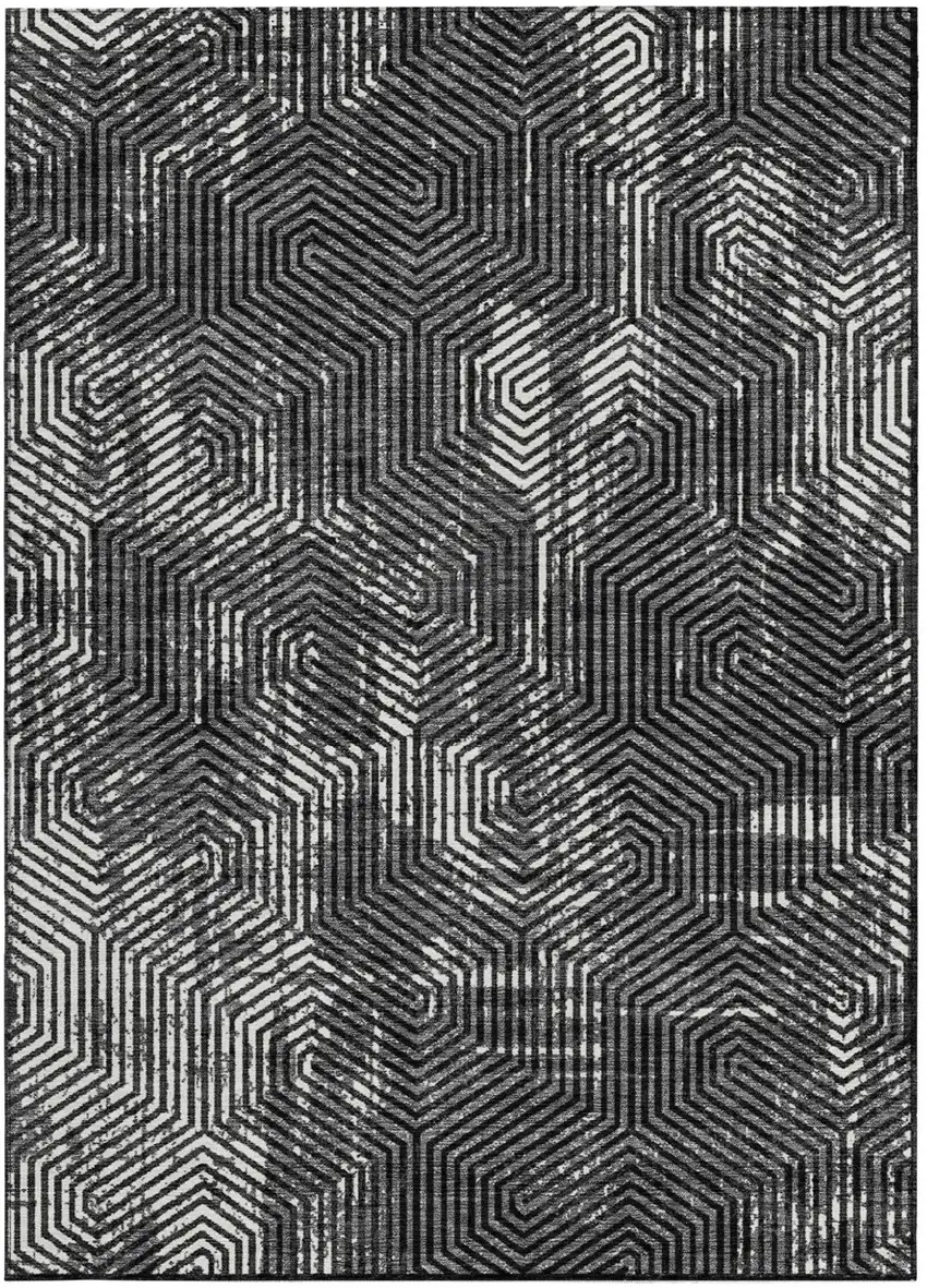Black And Ivory Geometric Washable Indoor Outdoor Area Rug Photo 8