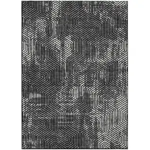 Photo of Black And Ivory Geometric Washable Indoor Outdoor Area Rug