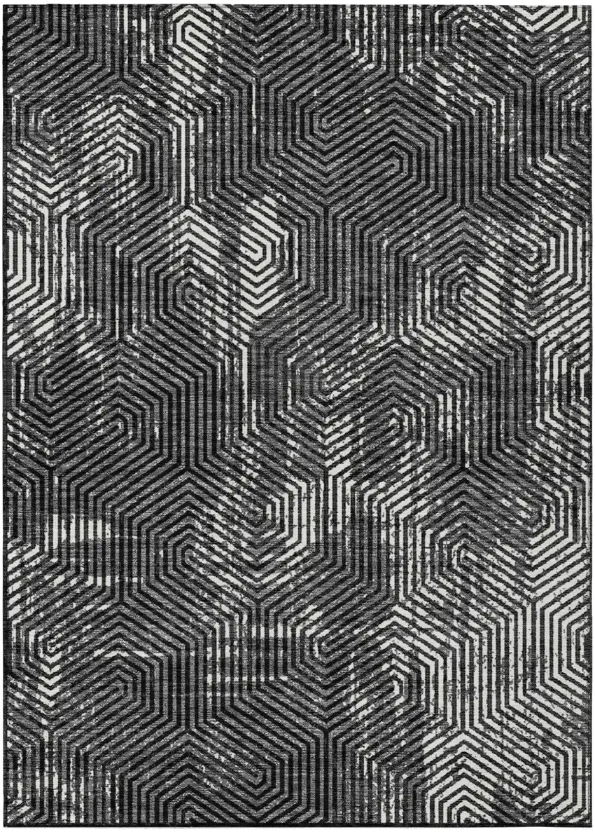 Black And Ivory Geometric Washable Indoor Outdoor Area Rug Photo 2