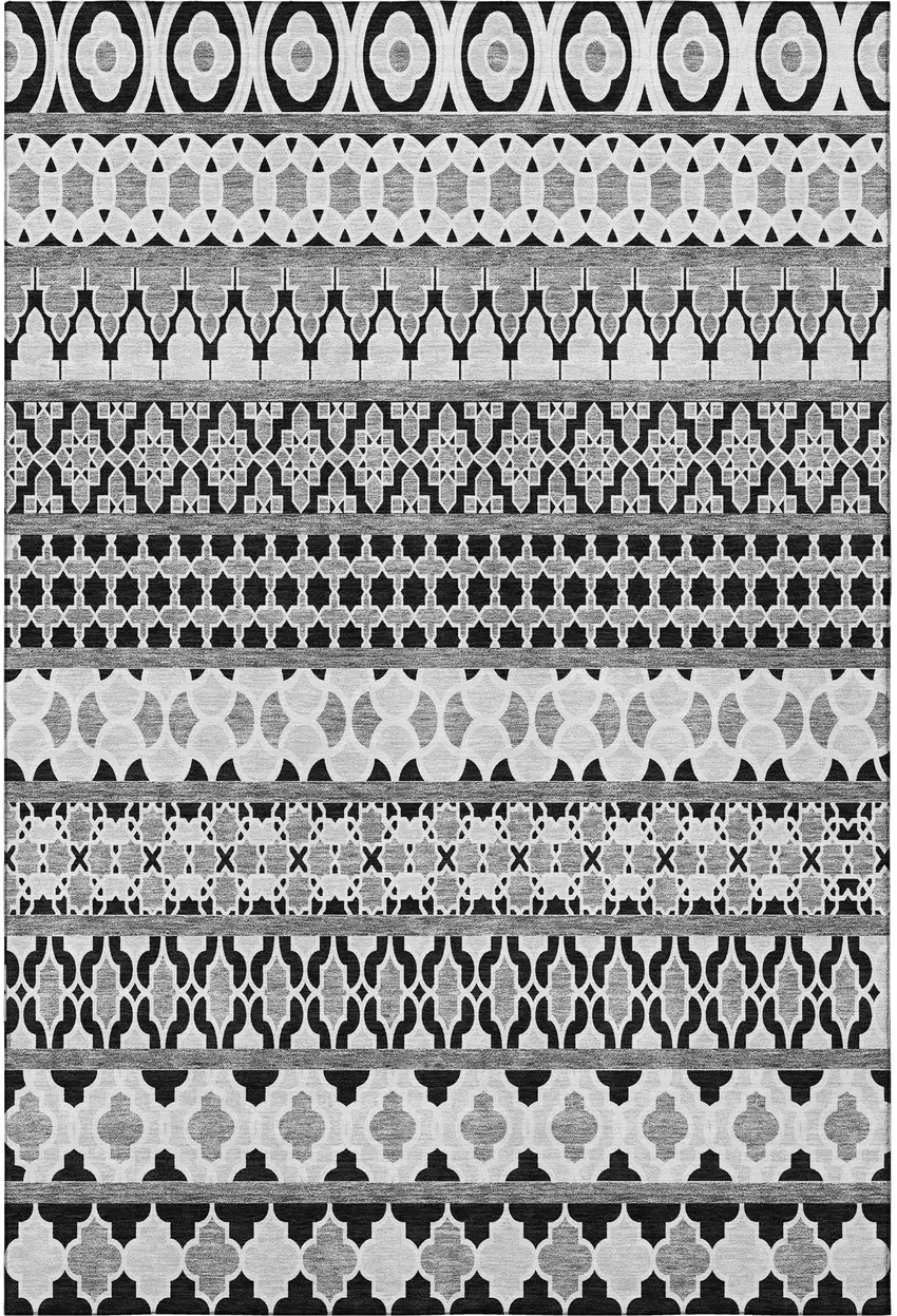 Black And Ivory Ikat Washable Area Rug With UV Protection Photo 4