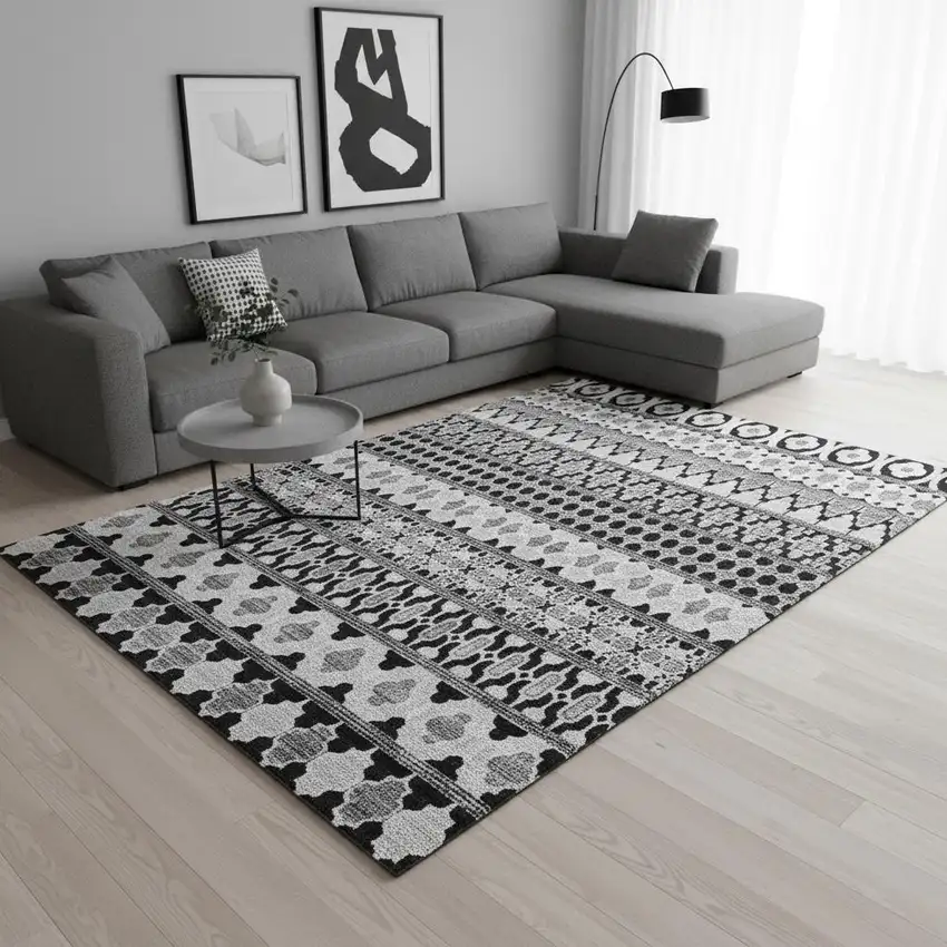 Black And Ivory Ikat Washable Area Rug With UV Protection Photo 2