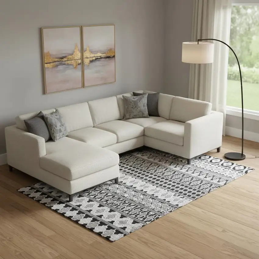 Black And Ivory Ikat Washable Area Rug With UV Protection Photo 1