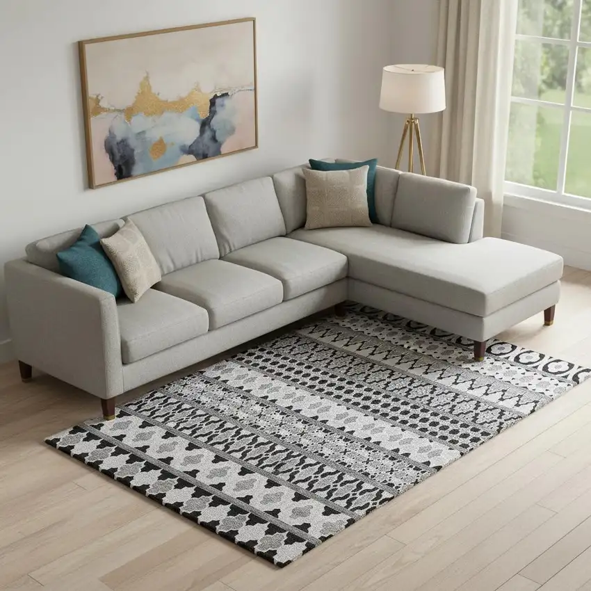 Black And Ivory Ikat Washable Area Rug With UV Protection Photo 1