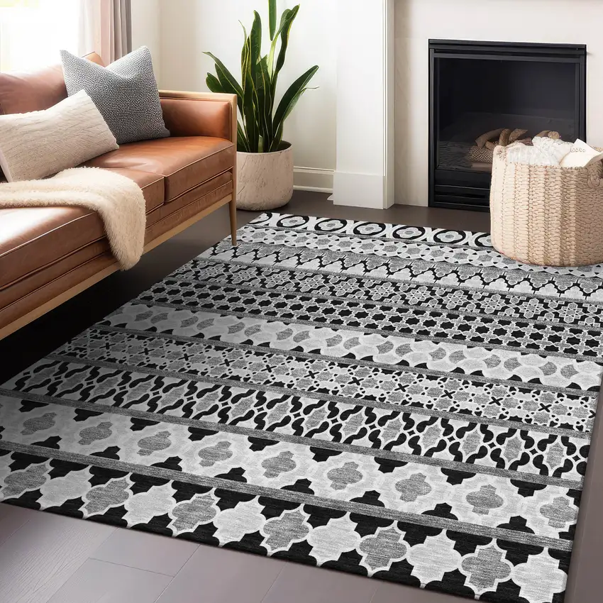 Black And Ivory Ikat Washable Area Rug With UV Protection Photo 6