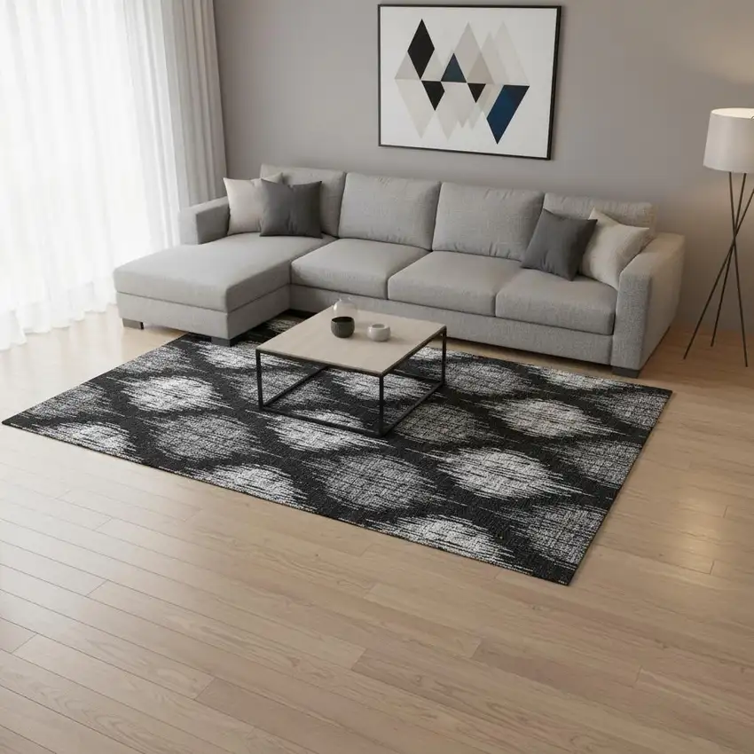 Black And Ivory Ikat Washable Area Rug With UV Protection Photo 2