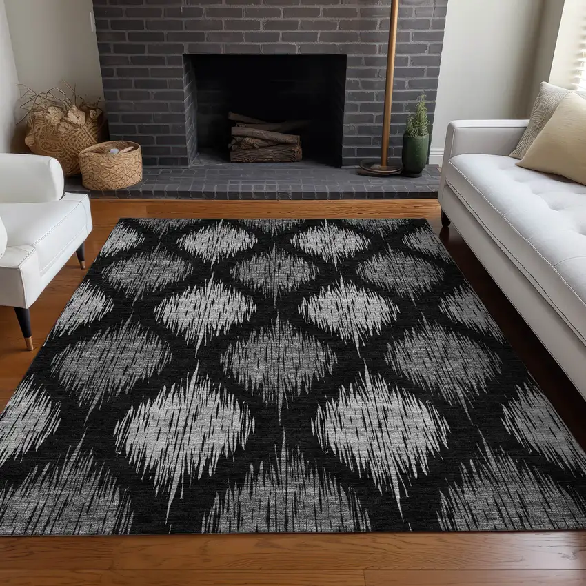 Black And Ivory Ikat Washable Area Rug With UV Protection Photo 5