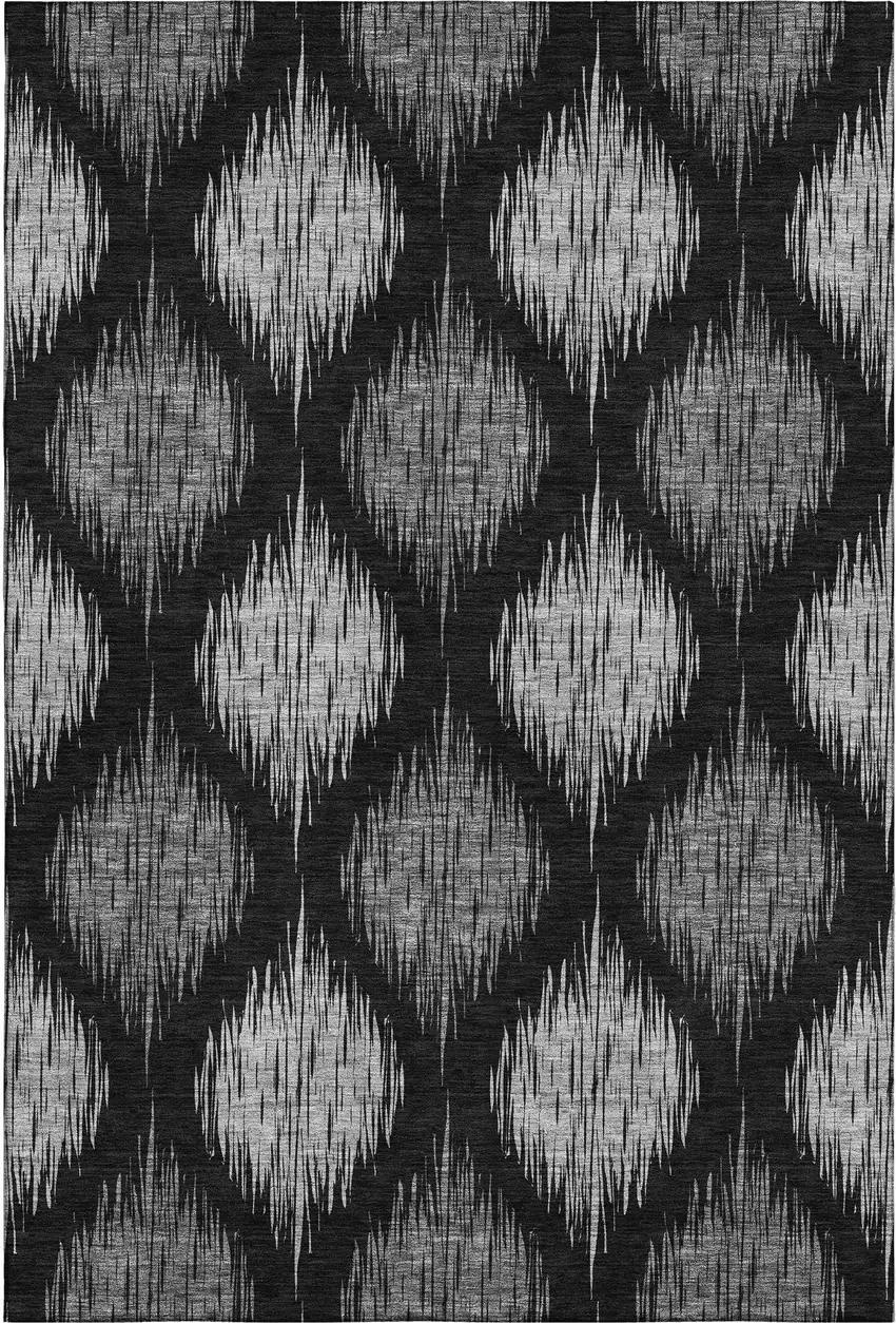 Black And Ivory Ikat Washable Area Rug With UV Protection Photo 1
