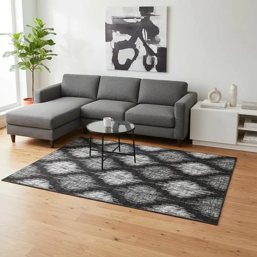 Black And Ivory Ikat Washable Area Rug With UV Protection Photo 2