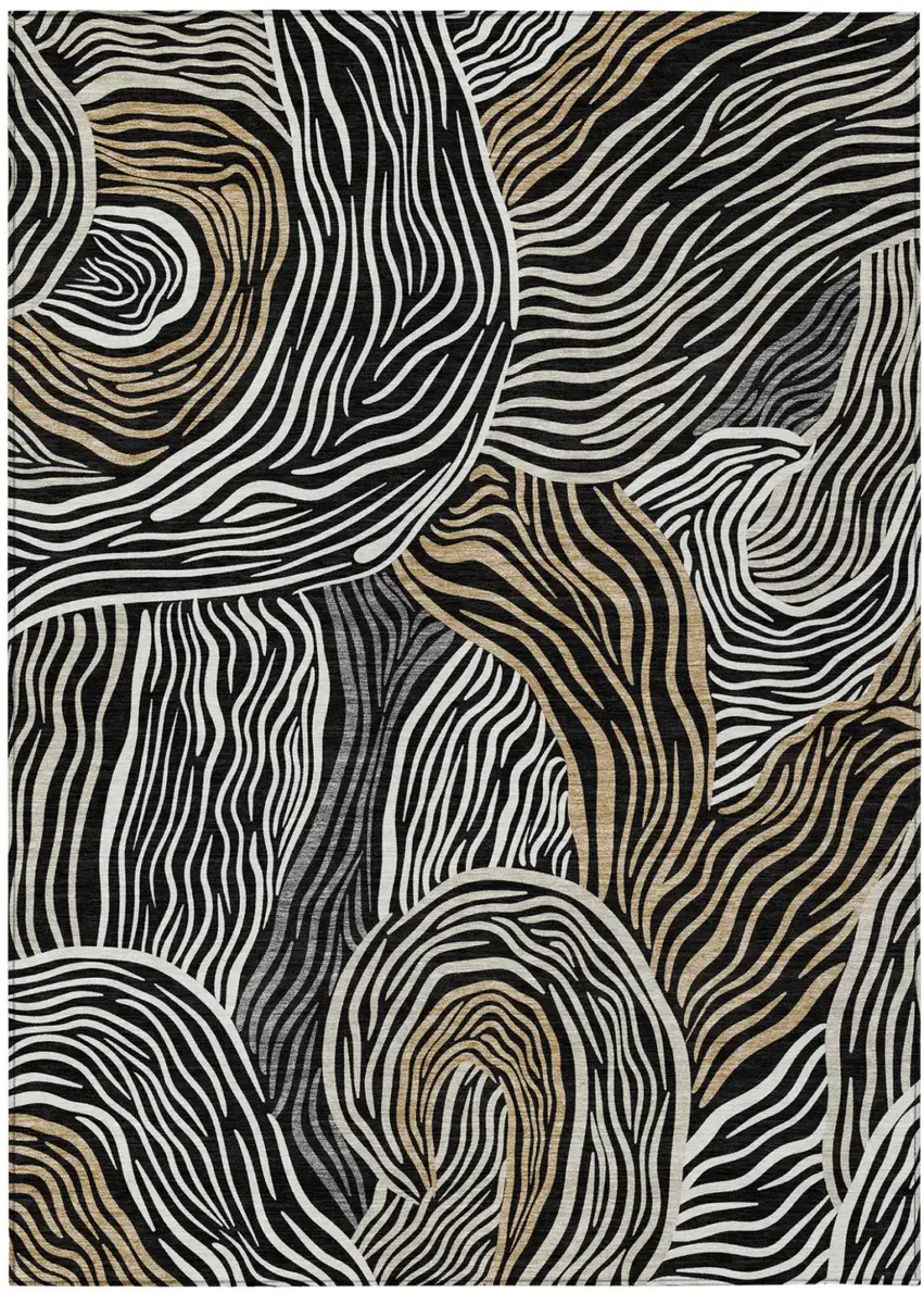 Black And Ivory Ikat Washable Indoor Outdoor Area Rug Photo 1