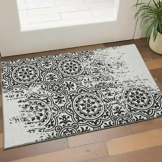 Black And Ivory Medallion Washable Area Rug With UV Protection Photo 1