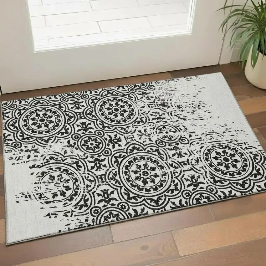 Black And Ivory Medallion Washable Area Rug With UV Protection Photo 1