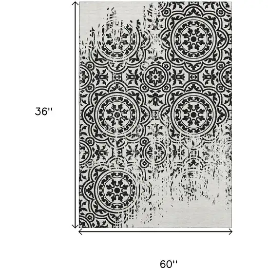 Black And Ivory Medallion Washable Area Rug With UV Protection Photo 3