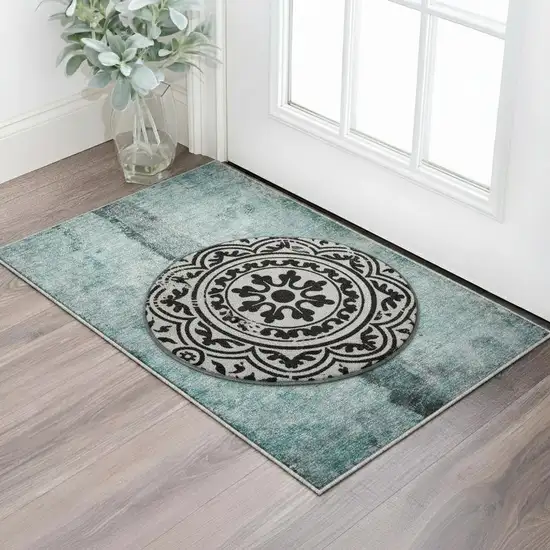 Black And Ivory Medallion Washable Area Rug With UV Protection Photo 2
