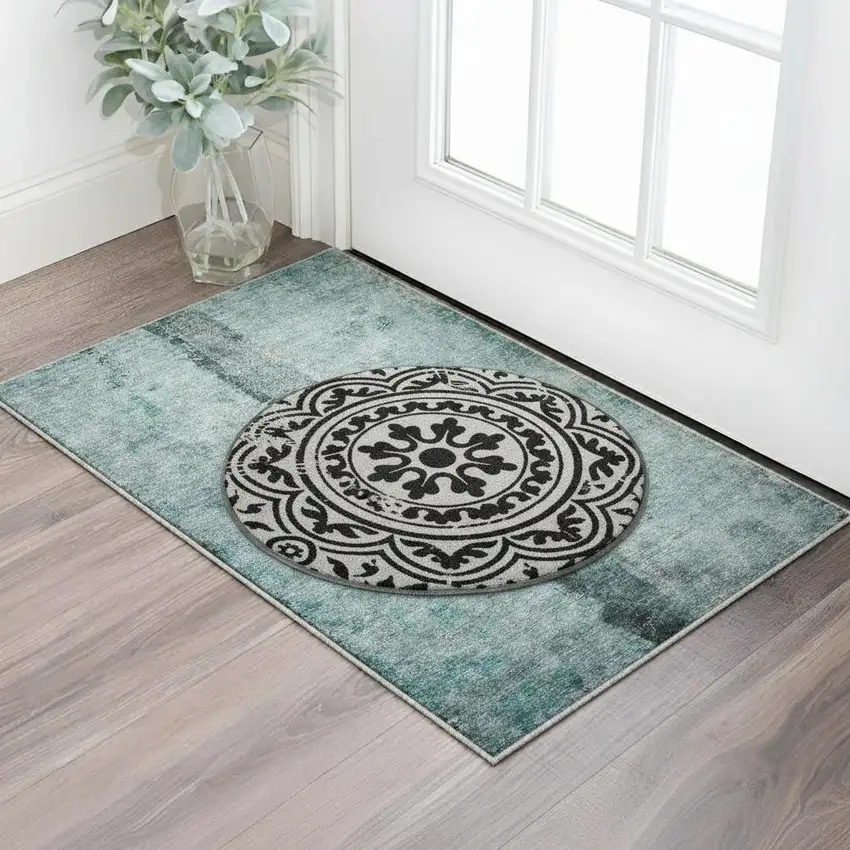 Black And Ivory Medallion Washable Area Rug With UV Protection Photo 2