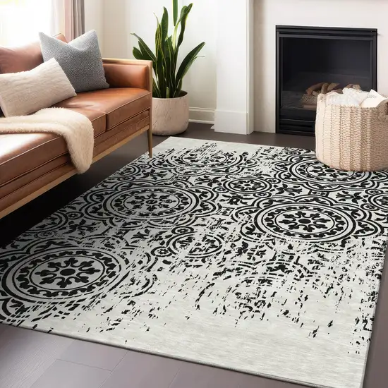 Black And Ivory Medallion Washable Area Rug With UV Protection Photo 6