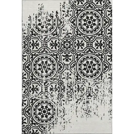 Black And Ivory Medallion Washable Area Rug With UV Protection Photo 7