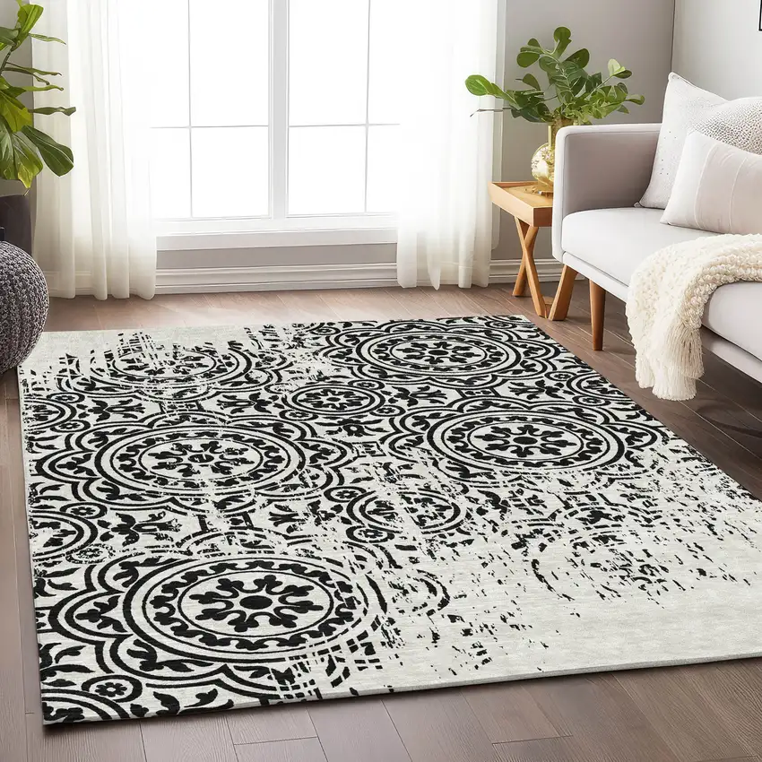 Black And Ivory Medallion Washable Area Rug With UV Protection Photo 5