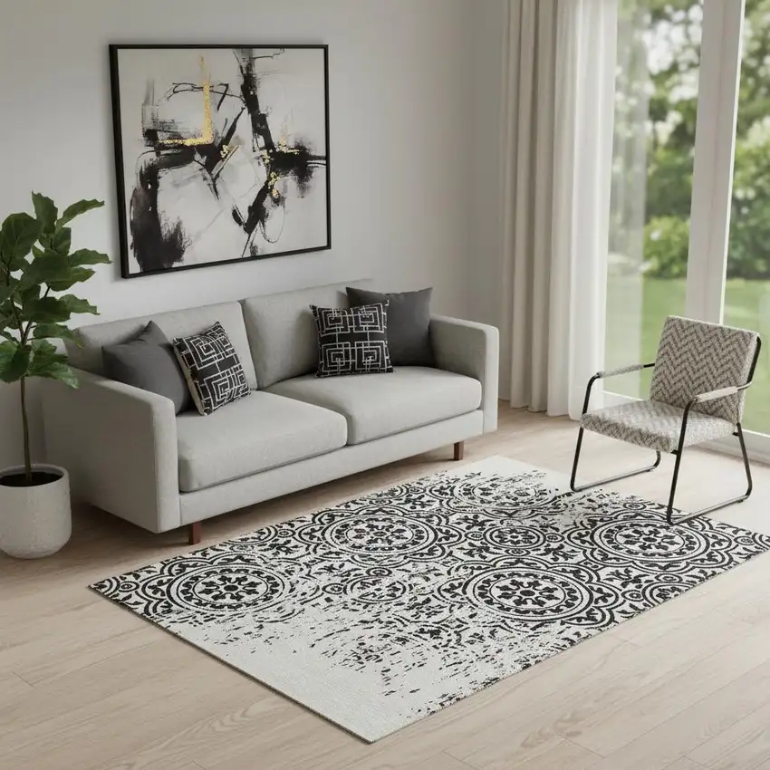 Black And Ivory Medallion Washable Area Rug With UV Protection Photo 1