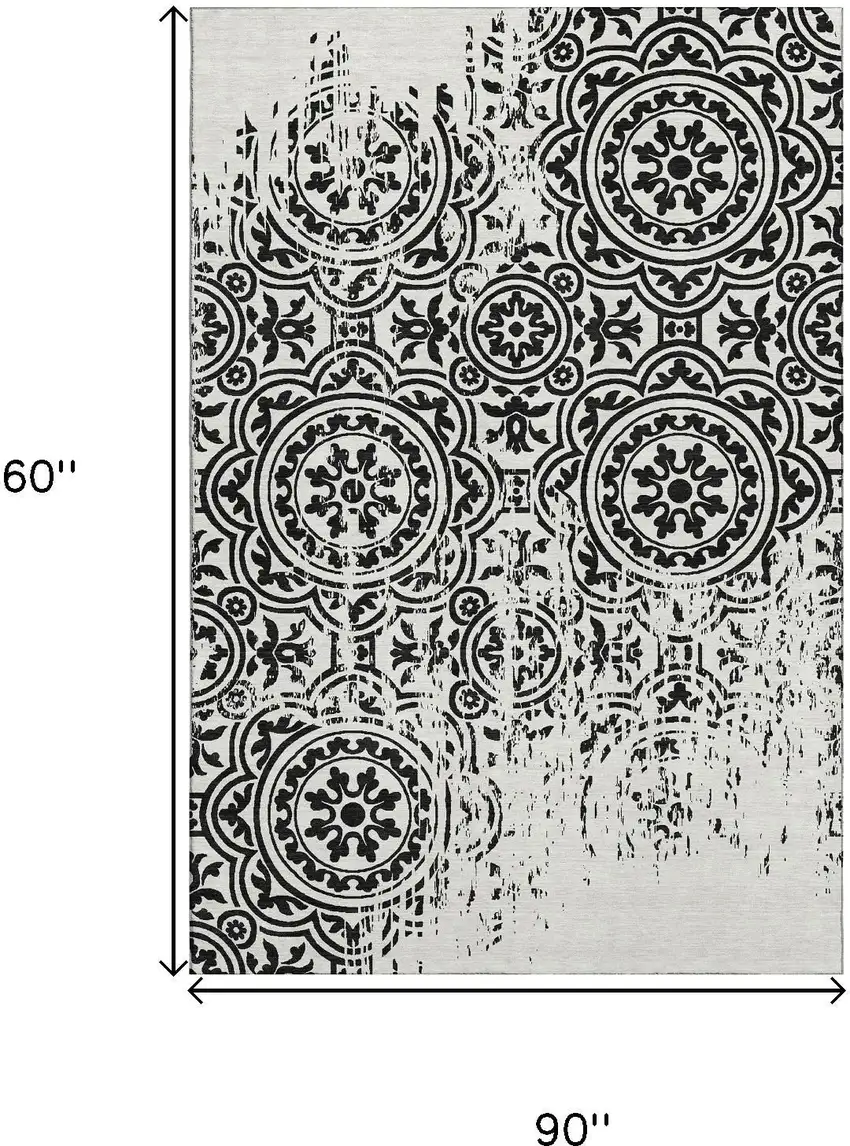 Black And Ivory Medallion Washable Area Rug With UV Protection Photo 3