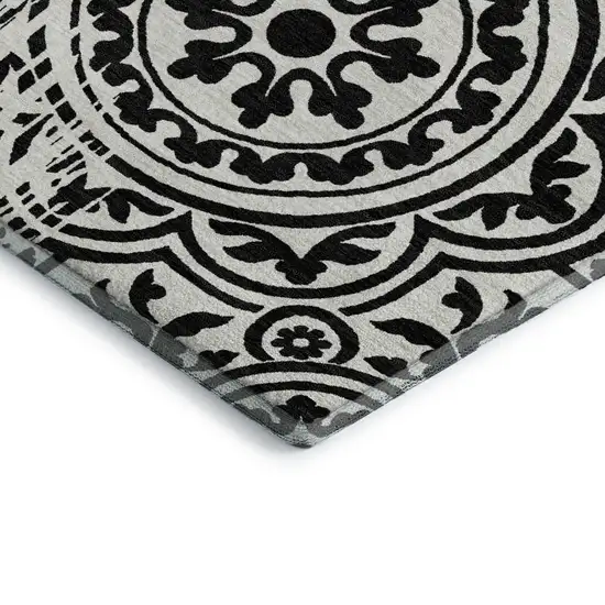 Black And Ivory Medallion Washable Area Rug With UV Protection Photo 4