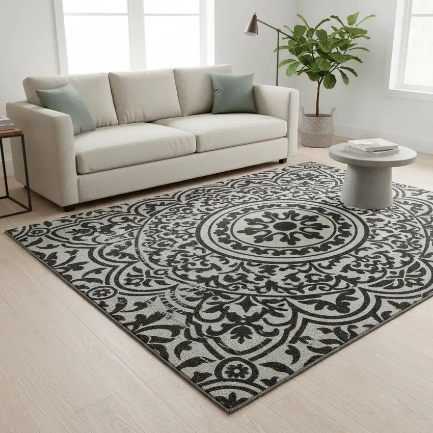 Black And Ivory Medallion Washable Area Rug With UV Protection Photo 2